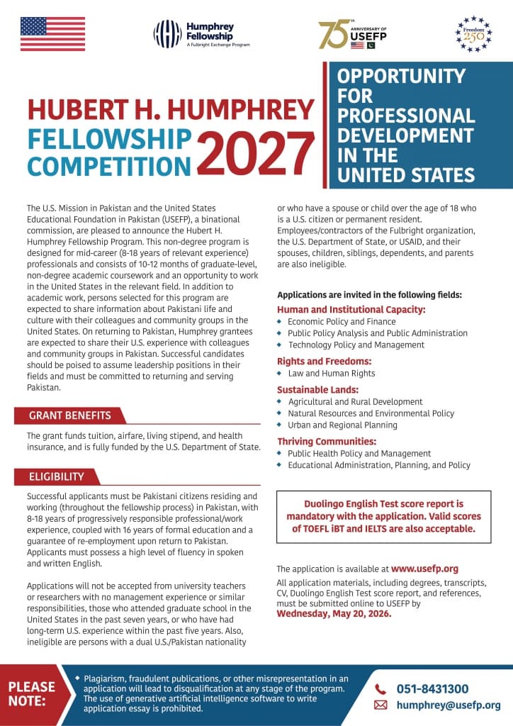 Humphrey Fellowship 2027 for Pakistani Professionals (Fully Funded)