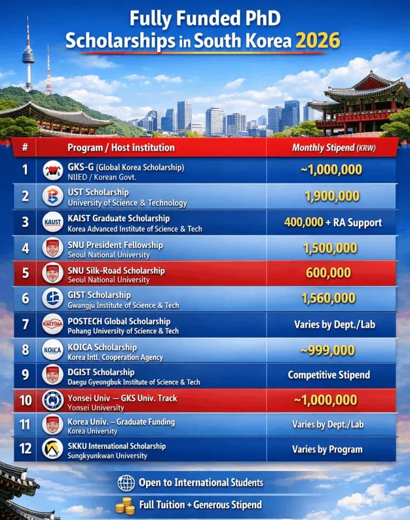 Fully Funded PhD Scholarships in South Korea 2026 for International Students