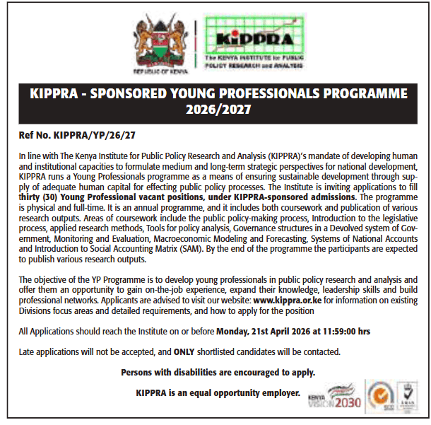Kenya Institute for Public Policy Research and Analysis (KIPPRA) Young Professional Program 2026/2027