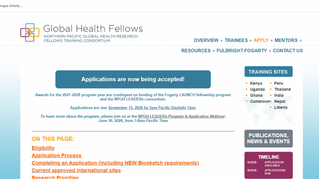 NPGH LEADERs Global Health Fellowship 2027 for Early-Career Researchers (International Research Training)
